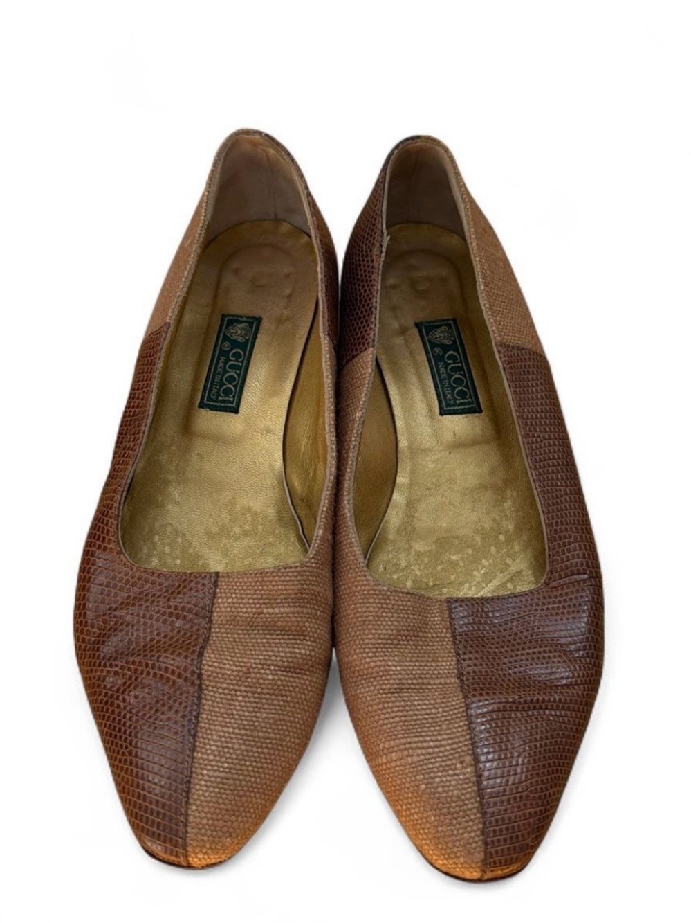 Vintage Gucci Brown Patchwork Leather Pointed-Toe Flats